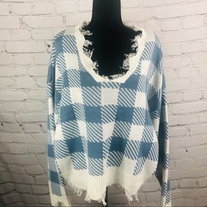 Just Polly: Blue/White Plaid Fringe V Neck Sweater NWT.  100% Acrylic